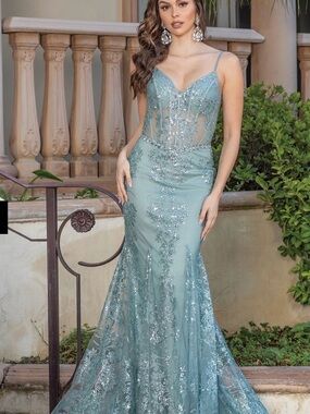 PromGirl Seafoam Green Lace & Sequin Mermaid Gown